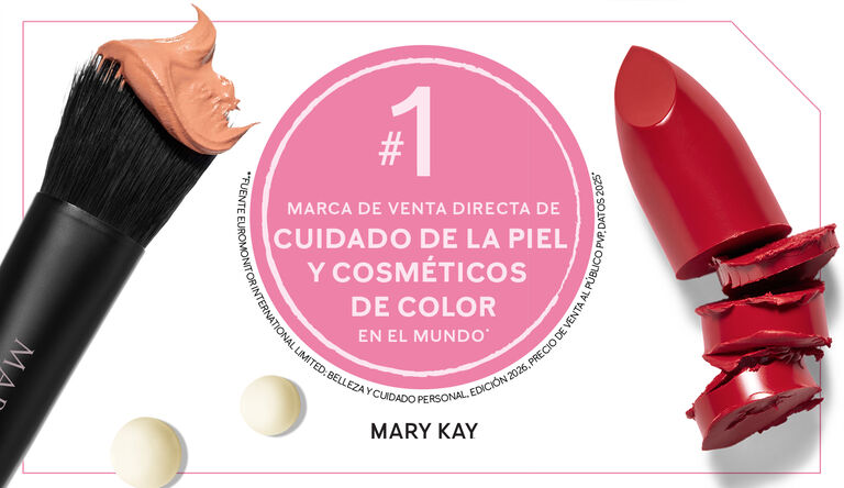 Banner de Mary Kay destacando su clasificaci&oacute;n #1 en ventas directas de cuidado de la piel y cosm&eacute;ticos de color, con un gr&aacute;fico de labial y una insignia rosa.